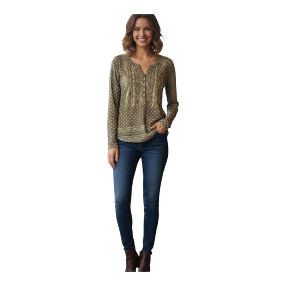 Lucky Brand NWT Boho Long Sleeve Blouse Top Olive Green Autumn MSRP $50 SOFT S - Picture 4 of 14